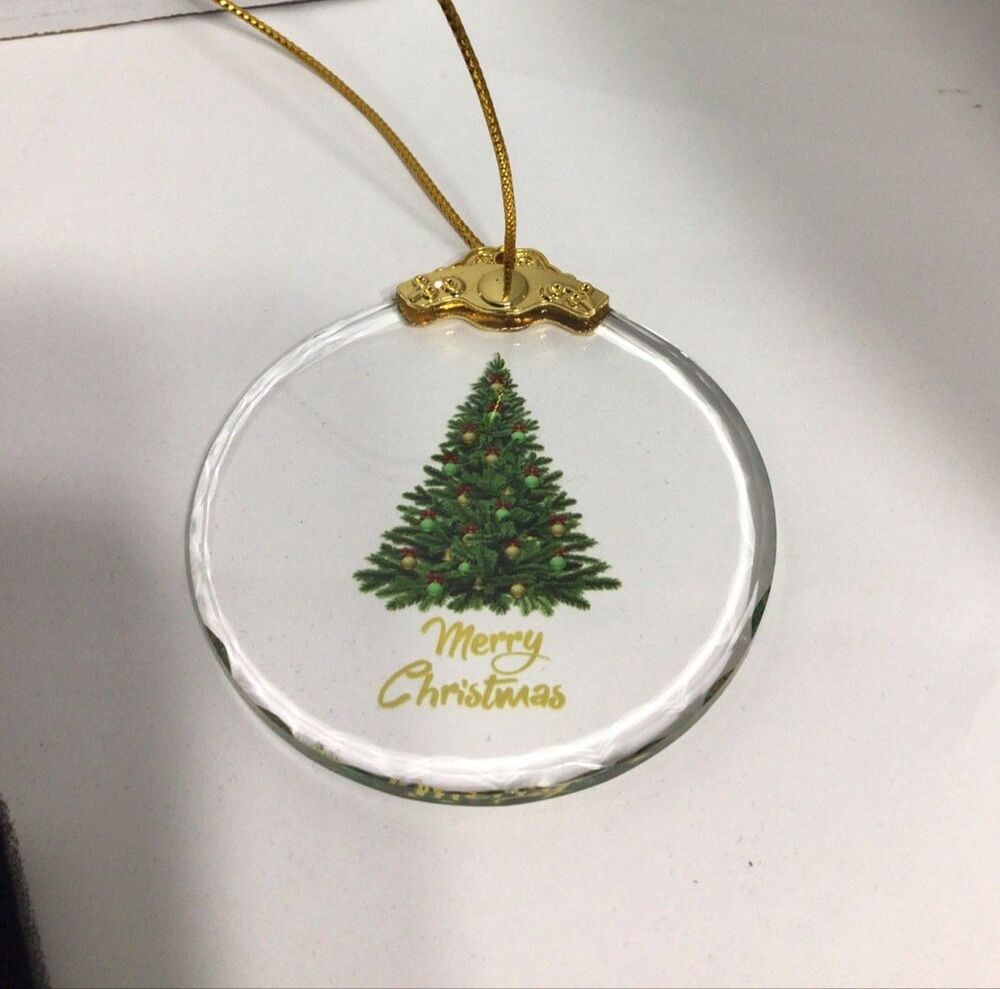 Christmas Crystal Hanging Ornament Clear With Merry Christmas Tree Gold Accents